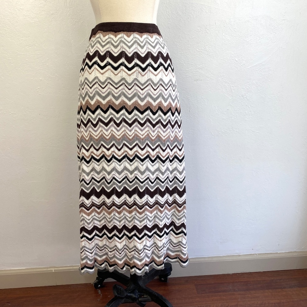 Bette Paige Knit Midi Skirt Medium Brown Cream Gray Chevron Stretch Pencil Pinup